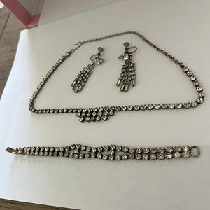 Vintage Rhinestone necklace, bracelet and screw back earrings